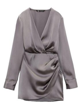 Zara Satin Wrap Mini Dress - Silver Gray